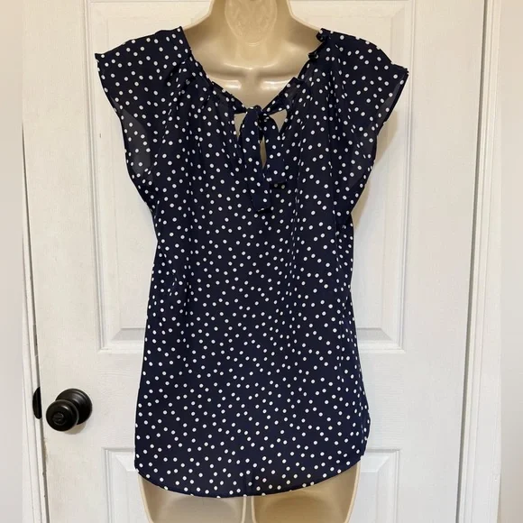 LC Lauren Conrad Navy Polka Dot Flutter Sleeve Blouse Small - Picture 4 of 4